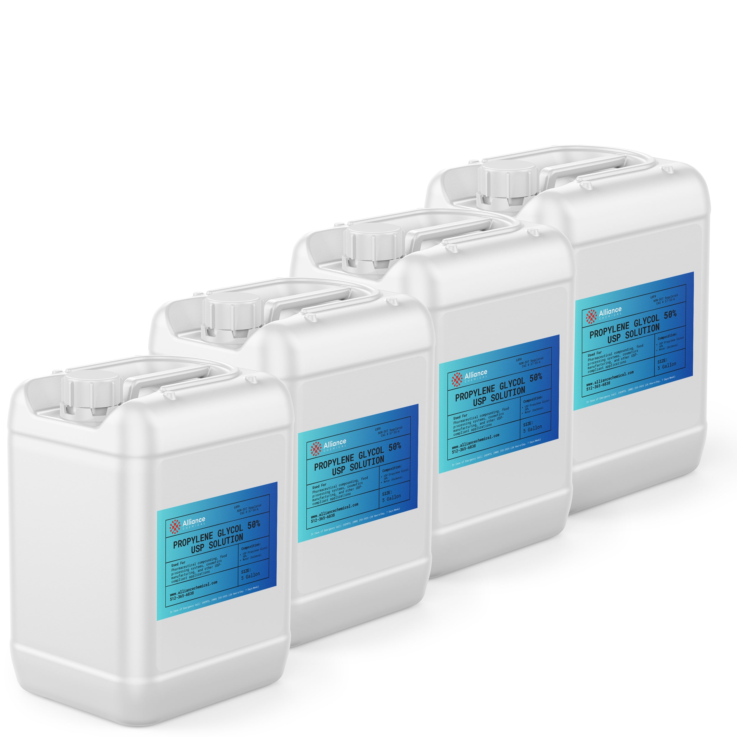 Alliance Chemical propylene glycol 40% USP grade in four white 5-gallon plastic containers with lids